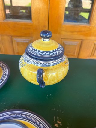 Juego de café de cerámica azul y amarillo