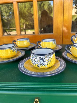 Juego de café de cerámica azul y amarillo