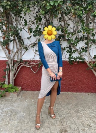 Vestido fiesta beige y azul