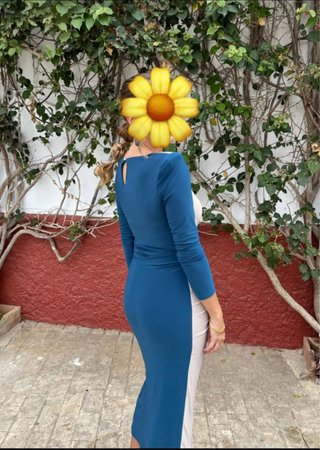 Vestido fiesta beige y azul