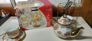 Juego de té porcelana 13 piezas con soporte