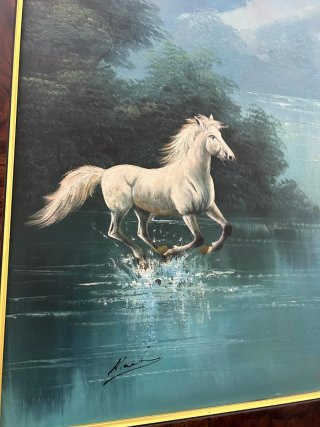 Cuadro al óleo caballos en lago