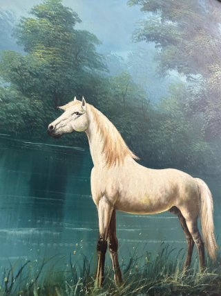 Cuadro al óleo caballos en lago