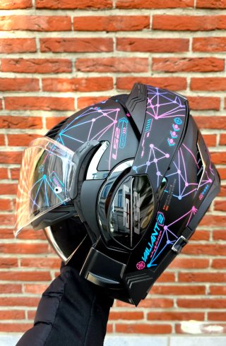 Casco Moto Modular LS2 Negro Diseño Geométrico