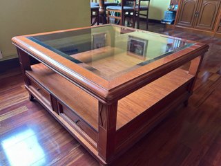 Mesa centro madera y cristal 90x90 con dos cajones