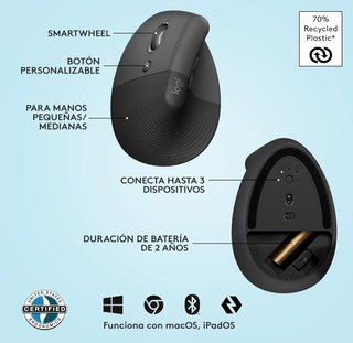 Ratón vertical Logitech Lift para zurdos (gris)