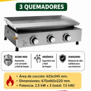 Plancha Acero Inox 3 Quemadores
