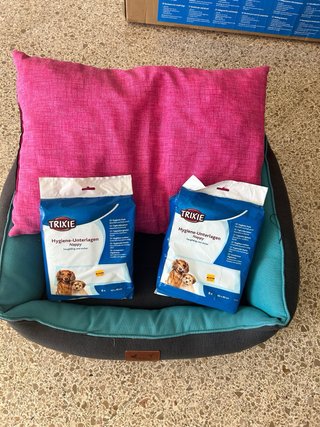 Cama perro con cojín y 2 compresa higiénicas