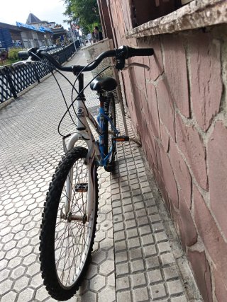 Bicicleta de montaña azul y blanca