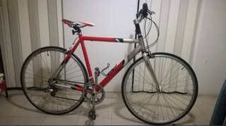 Bicicleta de carretera roja y plateada