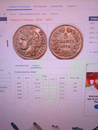 Francia 5 Francos 1870a Ceres plata