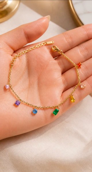 Pulsera Acero Baño Oro Cristales Colores
