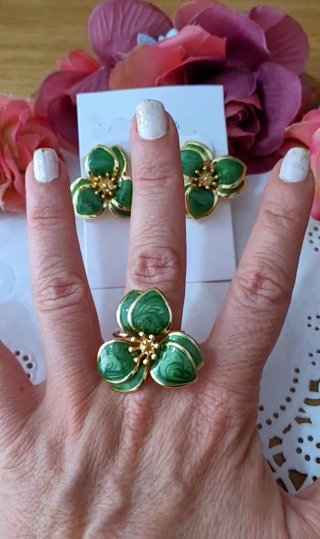 Conjunto Anillo y Pendientes Flor Verde