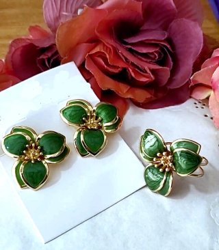 Conjunto Anillo y Pendientes Flor Verde