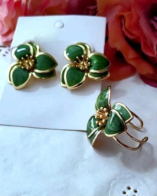 Conjunto Anillo y Pendientes Flor Verde