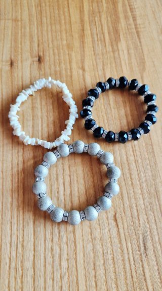 Set 3 braccialetti elastici argento e neri