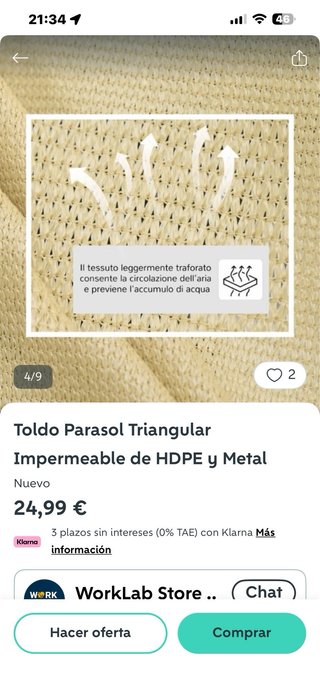 Toldo Parasol Triangular Beige 3.6m