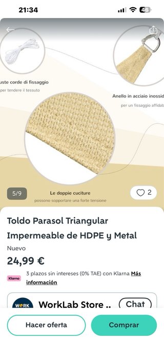 Toldo Parasol Triangular Beige 3.6m