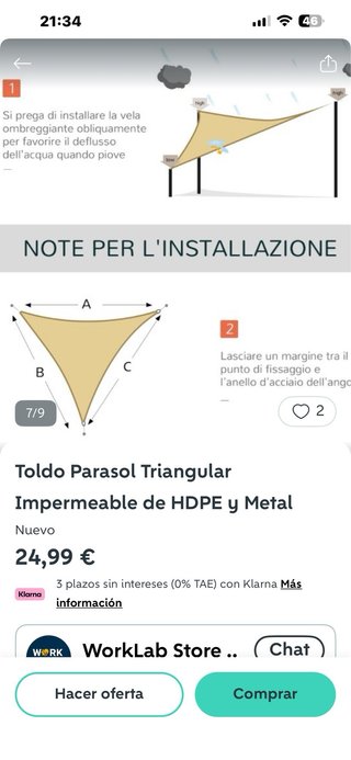 Toldo Parasol Triangular Beige 3.6m