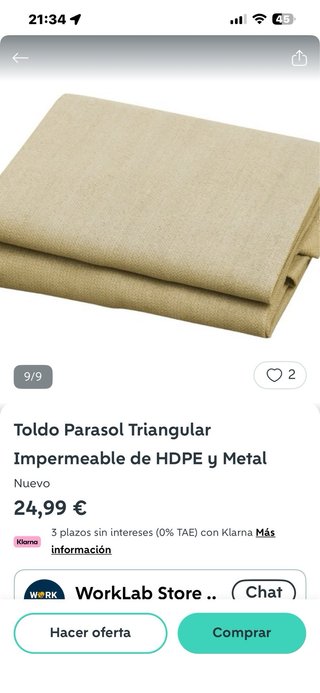 Toldo Parasol Triangular Beige 3.6m