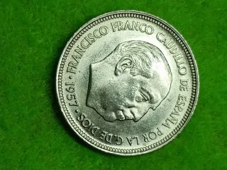 Moneda 5 PTAS 1957 serie BA. Exposición iberoameri