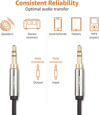 Amazon Basics Auxiliar Cable de audio estéreo 3,5 mm conector macho de, 1.2 m, Paquete de 2, Negro