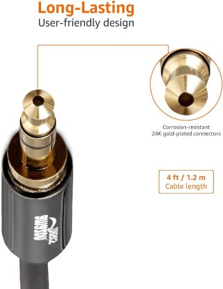 Amazon Basics Auxiliar Cable de audio estéreo 3,5 mm conector macho de, 1.2 m, Paquete de 2, Negro