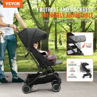 Cochecito de bebé estándar, cochecito para niños con respaldo ajustable de 95°-175° y reposapiés ajustable de 0/90° y plegado con un clic, cochecito para recién nacidos con portavasos y bolsa de t...