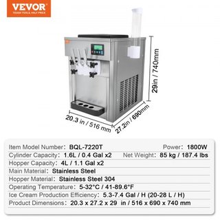 Máquina de Helados Comercial, Rendimiento de 21 QT/H, Fabricador de Helados Suaves de Mostrador de 3 Sabores de 1800W, 2 x 4L de Tolva 2 x 1.8L de Cilindro, Panel LCD de Limpieza Automática Pre-en...