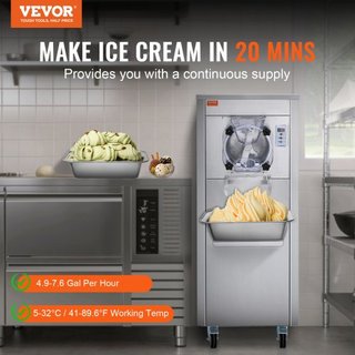 Máquina de Helados Comercial, Rendimiento de 18 L/H, Fabricante de Helados Duro de Sabor Único de 1600W con Ruedas, Cilindro de Acero Inoxidable de 6L, Panel LED de Limpieza Automática Pre-enfriam...