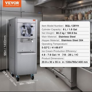 Máquina de Helados Comercial, Rendimiento de 18 L/H, Fabricante de Helados Duro de Sabor Único de 1600W con Ruedas, Cilindro de Acero Inoxidable de 6L, Panel LED de Limpieza Automática Pre-enfriam...