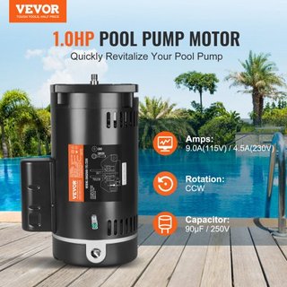 Motor de Bomba de Piscina de 1 HP, Marco 56Y, 115V(9 Amperios)/230V(4.5 Amperios) 3450RPM, 60Hz, Factor de Servicio 1.25, Condensador 90μF/250V, Motor de Reemplazo de Flange Cuadrado de Rotación CCW