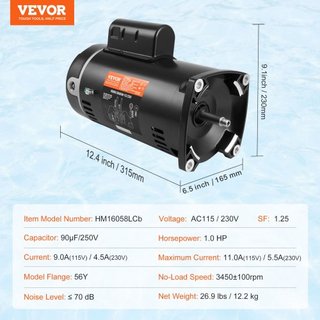 Motor de Bomba de Piscina de 1 HP, Marco 56Y, 115V(9 Amperios)/230V(4.5 Amperios) 3450RPM, 60Hz, Factor de Servicio 1.25, Condensador 90μF/250V, Motor de Reemplazo de Flange Cuadrado de Rotación CCW