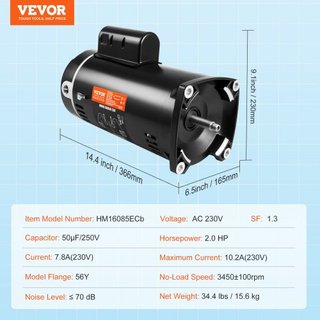 Motor de Bomba de Piscina de 2 HP, Marco 56Y, 230V (7.8 Amperios) 3450 RPM, 60Hz, Factor de Servicio 1.3, Condensador 50μF/250V, Motor de Reemplazo de Brida Cuadrada de Rotación CCW