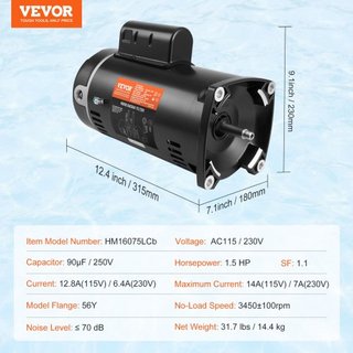 Motor de Bomba de Piscina de 1.5 HP, Marco 56Y, 115V(12.8 Amperios)/230V(6.4 Amperios) 3450 RPM, 60Hz, Factor de Servicio 1.1, Condensador 90μF/250V, Motor de Reemplazo de Flange Cuadrado de Rotac...