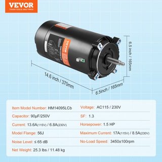 Motor de Bomba de Piscina de 1.5 HP, Marco 56J, 115V(13.6 Amperios)/230V(6.8 Amperios) 3450 RPM, 60Hz, Factor de Servicio 1.3, Condensador 90μF/250V, Motor de Reemplazo de Flange Redonda de Rotaci...