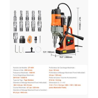 Taladro Magnético, Motor de 1450W, Diámetro de Perforación de 1.6 in, Taladro Magnético Eléctrico Portátil de 2810 lbf, con 11 Brocas de Coring, Velocidad de 850 RPM, Máquina de Perforación para S...