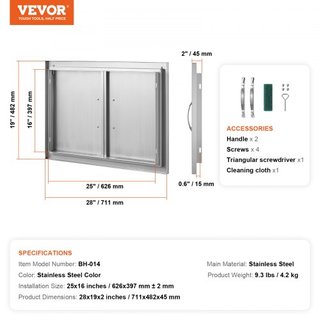 Puerta de Acceso para BBQ, Puerta Doble para Cocina Exterior de 711x482 mm, Puerta de Montaje Flush de Acero Inoxidable, Puerta Vertical de Pared con Manijas, para Isla de BBQ, Estación de Asado, ...
