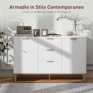 Credenza Moderna Bianca, Credenza Bassa Buffet per Cucina o Soggiorno Con 3 Cassetti e 2 Ante, 120X40X76Cm