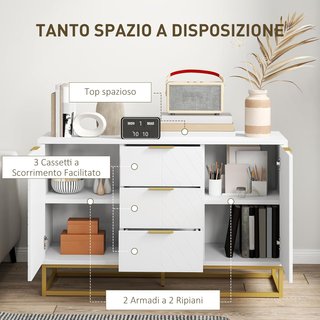 Credenza Moderna Bianca, Credenza Bassa Buffet per Cucina o Soggiorno Con 3 Cassetti e 2 Ante, 120X40X76Cm