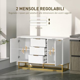 Credenza Moderna Bianca, Credenza Bassa Buffet per Cucina o Soggiorno Con 3 Cassetti e 2 Ante, 120X40X76Cm