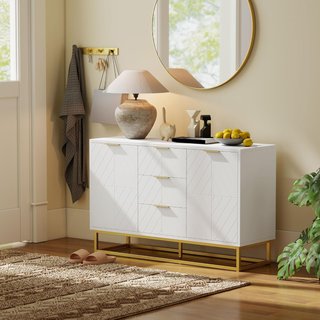 Credenza Moderna Bianca, Credenza Bassa Buffet per Cucina o Soggiorno Con 3 Cassetti e 2 Ante, 120X40X76Cm