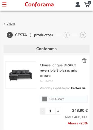 Sofá Chaise Longue Conforama Gris 223cm