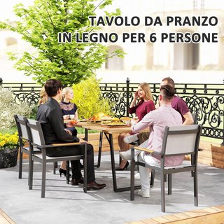 Tavolo da Giardino per 6 Persone con Foro per Ombrellone, Tavolo Rettangolare in Legno e Acciaio per Patio, Terrazza, Balcone e Esterno, 175X80X75 Cm, Marrone