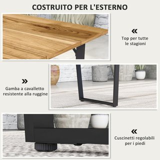Tavolo da Giardino per 6 Persone con Foro per Ombrellone, Tavolo Rettangolare in Legno e Acciaio per Patio, Terrazza, Balcone e Esterno, 175X80X75 Cm, Marrone