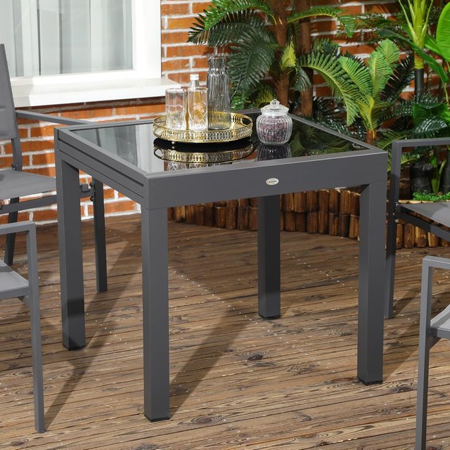 Mesa de Jardín Extensible de 80/160X80X75 Cm, Mesa de Comedor Extensible para 4-6 Personas Rectangular de Aluminio con Tapa de Vidrio Templado, para Patio, Terraza, Balcón, Negra