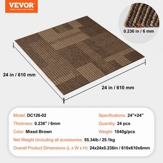Losas de Alfombra Reutilizables, Losas de Alfombra de 24" x 24" con Acolchado Adjunto, Losas de Alfombra Suaves y Acolchadas, Instalación Fácil DIY para Dormitorio y Sala de Estar (24 Losas, Marró...