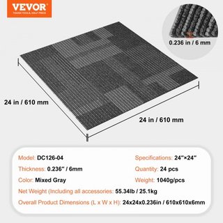 Losas de Alfombra Reutilizables, Losas de Alfombra de 24" x 24" con Acolchado Adjunto, Losas de Alfombra Suaves y Acolchadas, Instalación Fácil DIY para Dormitorio y Sala de Estar (24 Losas, Gris ...