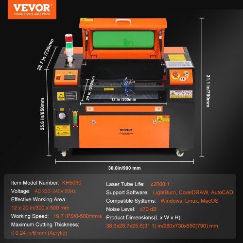 Grabador láser CO2 de 50W, 30 x 51 cm (12 x 20 in), máquina cortadora láser de 500 mm/s (19.7 IPS) con asistencia de aire de doble paso, compatible con LightBurn, CorelDRAW, AutoCAD, Windows, Mac ...