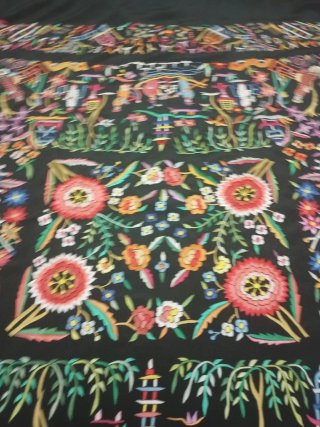 Mantón Manila Cantonés Oriental Negro antiguo seda